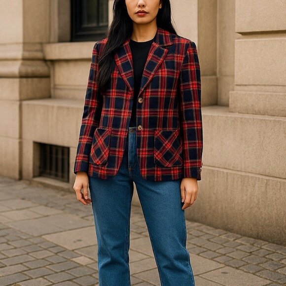 Vintage 80s Hunter Sportswear Classic Red Navy Plaid Blazer Jacket Womens Medium - Picture 1 of 16
